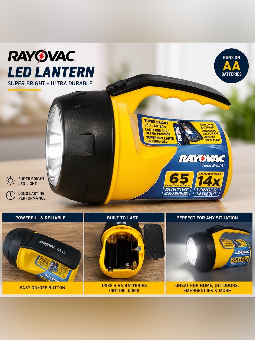 Yellow & Black LED Lantern - Super Bright AA Battery Powered 4 AA batteries
